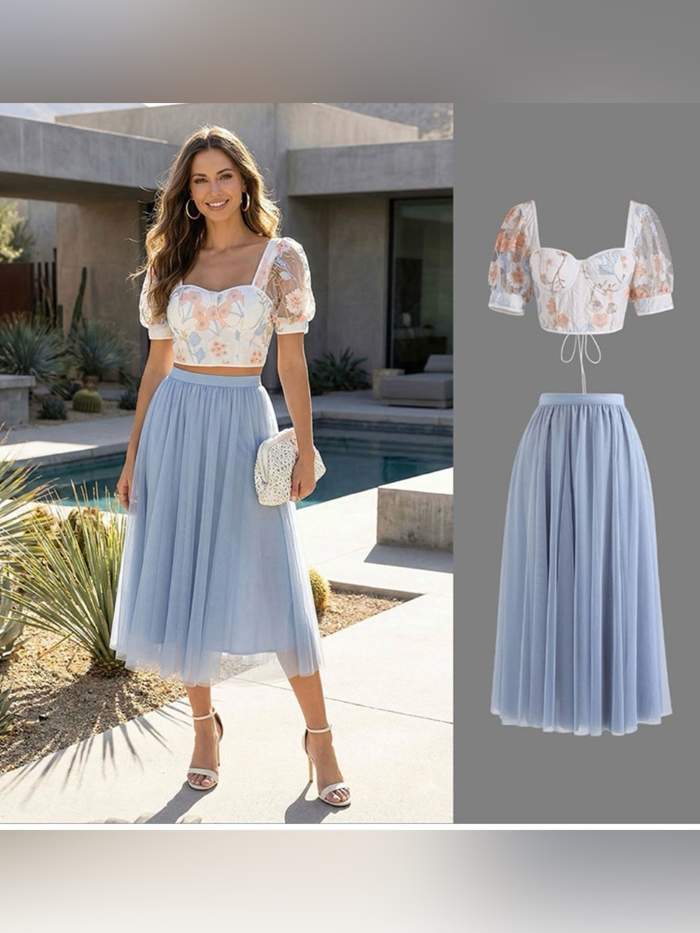 Women's Light Blue Tulle Midi Skirt - Elegant Floral Set